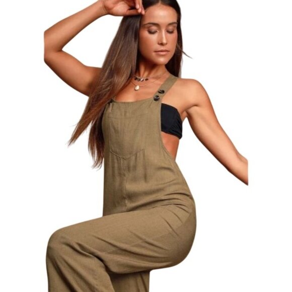 Lulus Torrey Olive Green Wide-Leg Overalls Size S‎ Linen Blend Cropped Leg - Picture 4 of 16